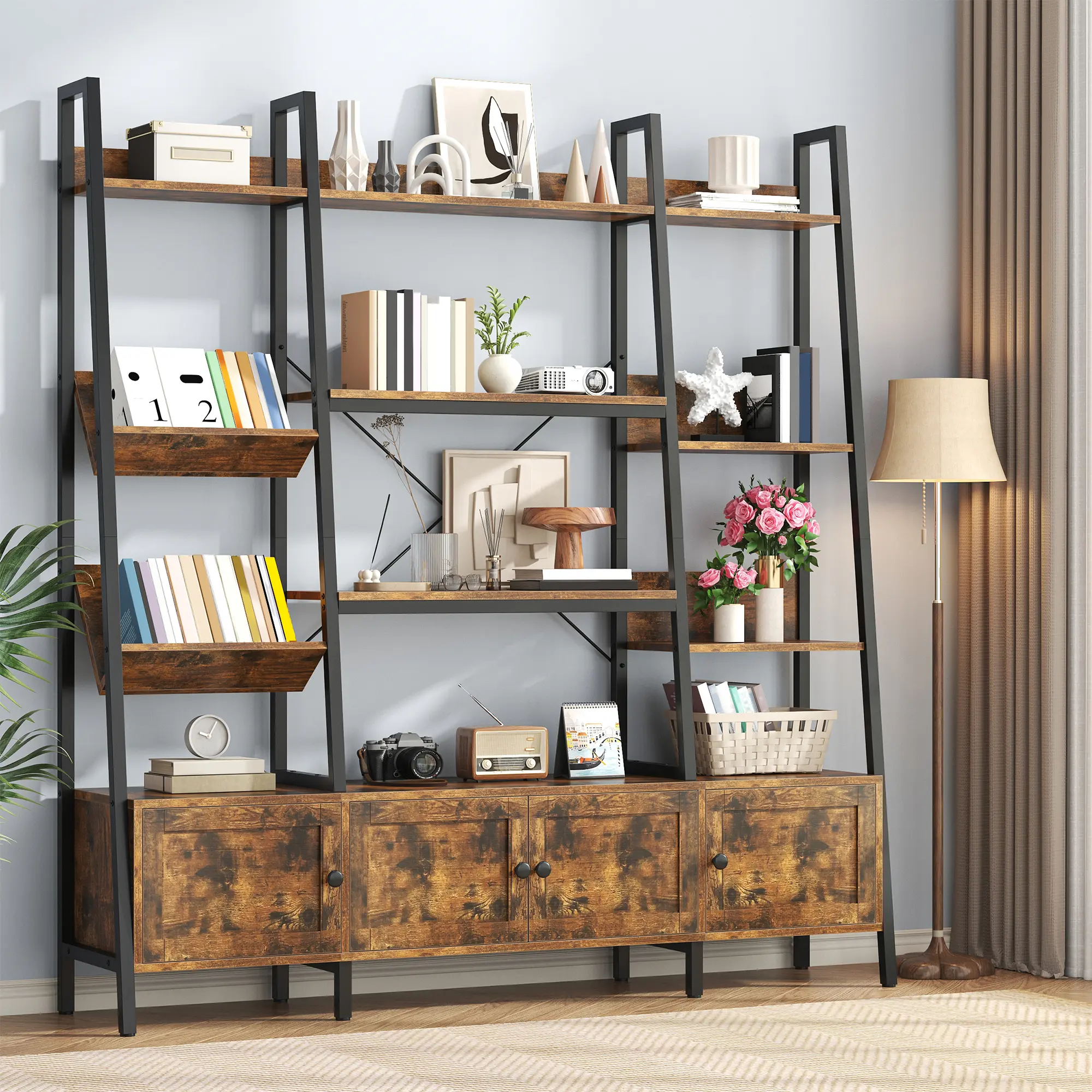Vintage Industrial 4-Door Ladder Bookshelf, 450LBS High Load Capacity Storage Organizer with Cabinets - Perfect for Home Office