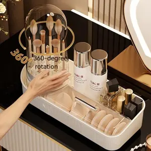 Multi-Functional Makeup Storage Box with 360 Degree Rotating Lid, Removable Makeup Brush Cleaner, Handheld Brush Drying Rack for Vanity Organization