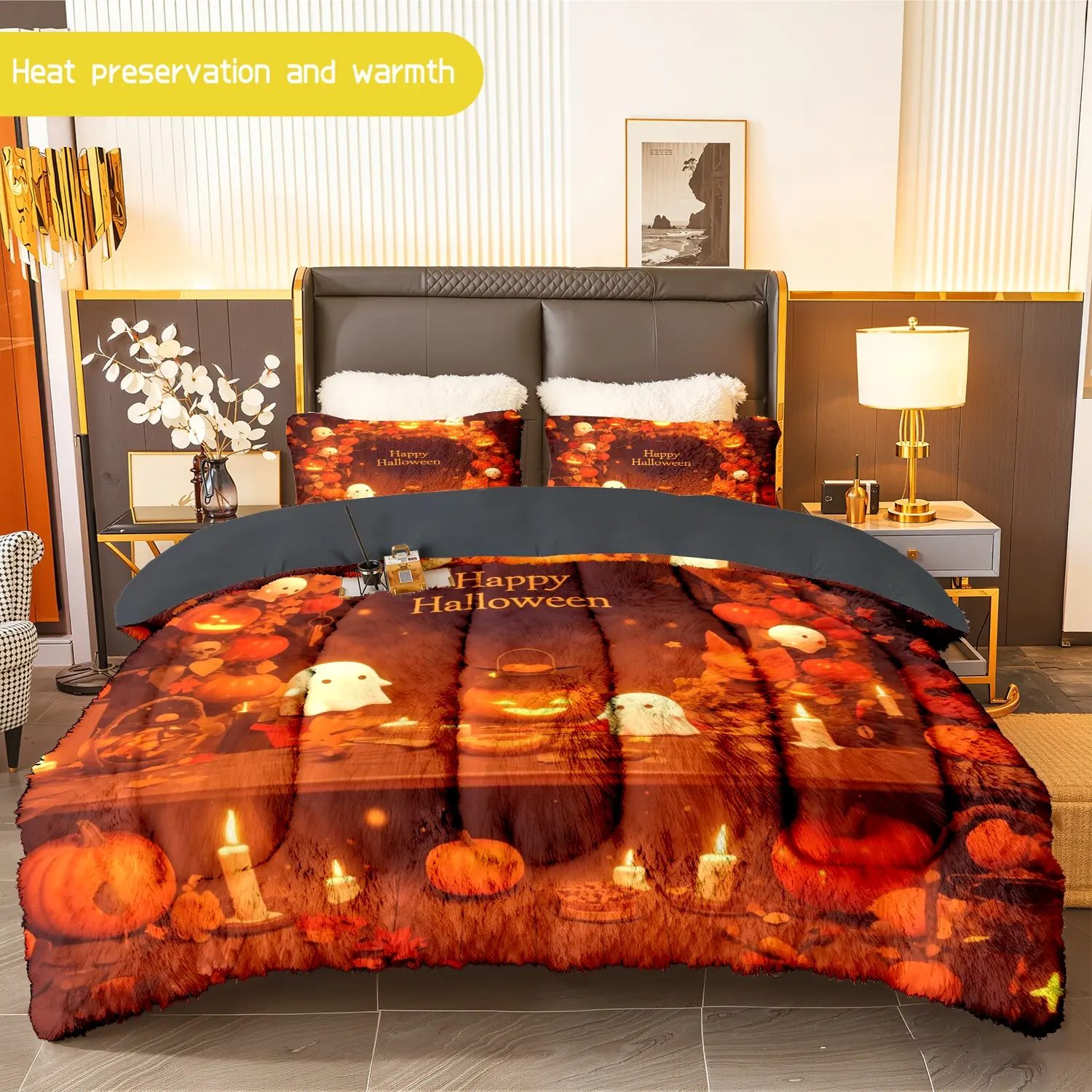 3pcs (1 comforter + 2 pillowcases) Halloween - themed Flannel & Milk - fleece Comforter Set, Soft Warm Cozy Bedding Essentials for Adults, Trendy Milk - fleece Quilt Set