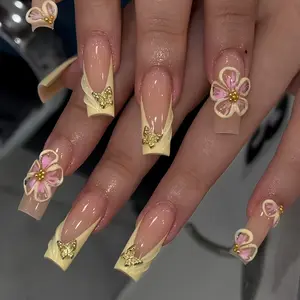 24pcs Long Square Sweet Fairy Style Nail Tips, Nude Cream French Edge, 3D Flowers, Gold Butterfly, Shiny Jelly Finish