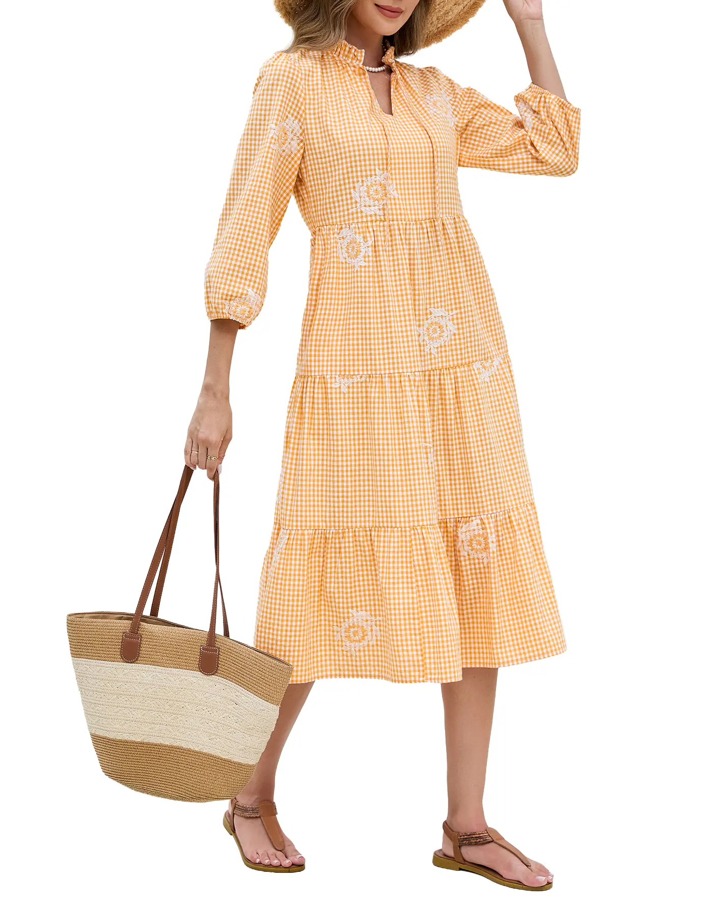 Women's Plaid Midi Casual Dress 3/4 Long Sleeve Embroidered Flowy Tiered Ruffle Hem Gingham Beach Dress with Pockets