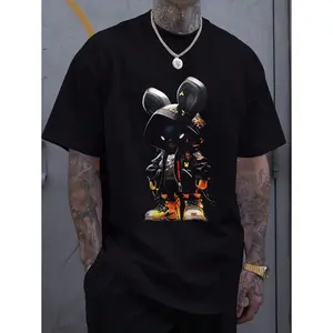Men's Classic Casual Streetwear Crew Neck Short Sleeve T-Shirt - Fashionable Cartoon Rabbit Print, Premium Menswear Fabric, Ideal Gift