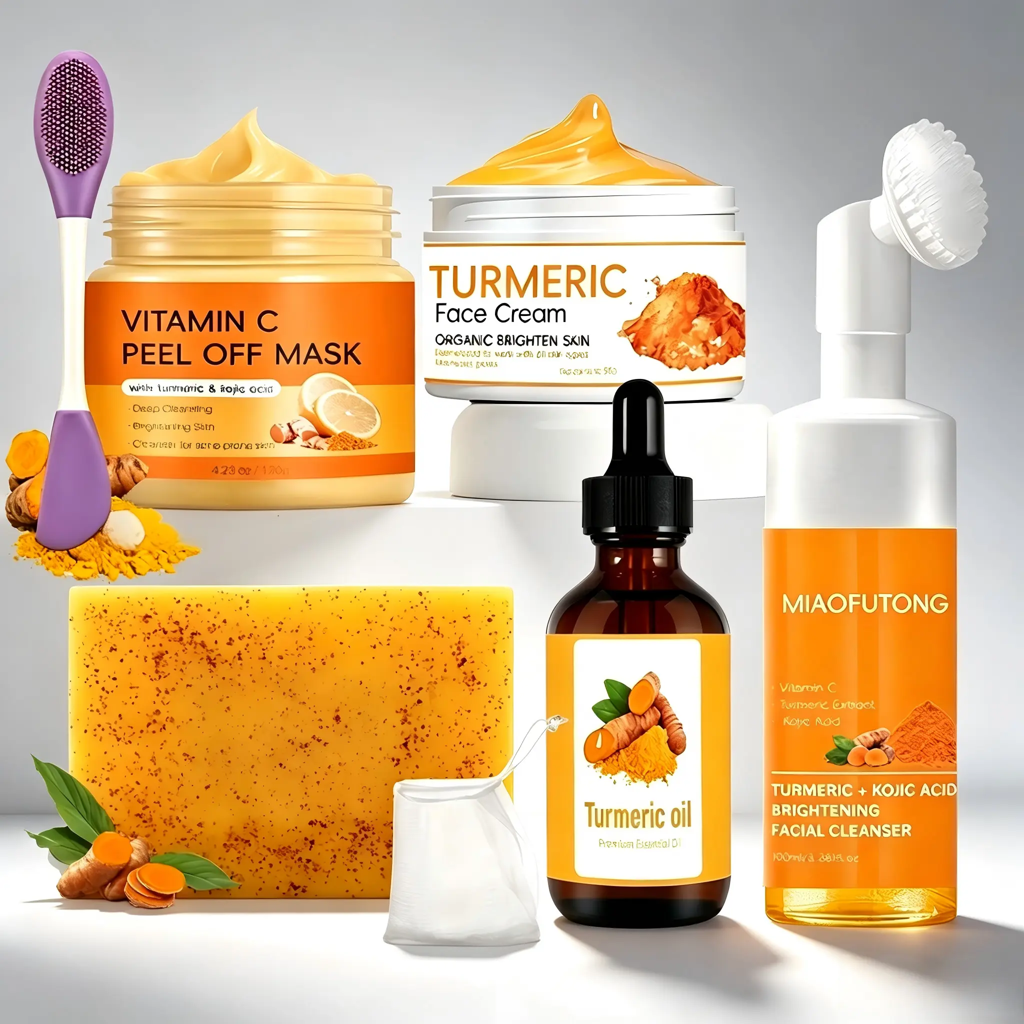 Turmeric 6-Piece Skincare Set with Massage Cleansing Brush – Includes Turmeric Clay Mask, Turmeric Mousse Cleanser, Turmeric Soap, Turmeric Face Cream, and Turmeric Oil. A complete cleansing and skincare kit