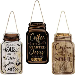 3 Pcs Coffee Bar Decor Sign Mason Jar Wall Hanging Plaque Farmhouse Kitchen Decor Wooden Coffee Sign for Kitchen Home Living Room Wall Decorations(Simple Style)