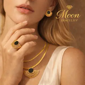 Moon Jewelry Luxury Arabic Fan Jewelry Set 18K Gold PVD Plated Stainless Steel Waterproof Tarnish Resistant Unique Design with Black Stone
