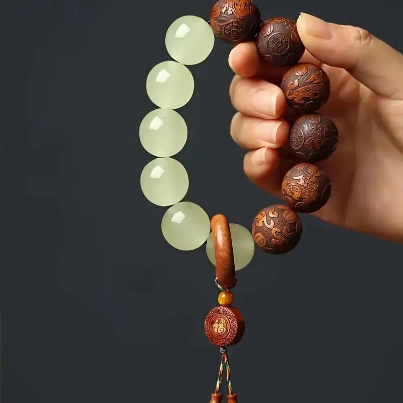 Men's Boho Bracelet with Handcrafted Sandalwood & Natural Stone Character Beads, Luminous Finish with Fortune Signs, Standout Accessory Gift Choice, Bracelets, Natural Stones, Beaded Strand Bracelet, Exquisite Trendy Bracelet