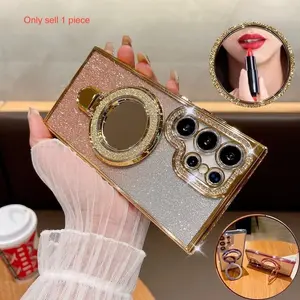 Glitter Bracket Mirror Case For Samsung S24 FE S22 S23 S25 Plus S25 Ultra 5G Diamond Ring Holder Gradient Plating Cover