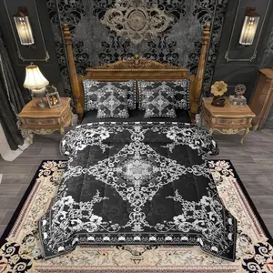Black White Damask Comforter Set with Sheets 7 Piece Antique Exotic Gothic Bed in A Bag Vintage Boho Floral Bedding Set,for Women Men Victorian Baroque Flower Bed Set