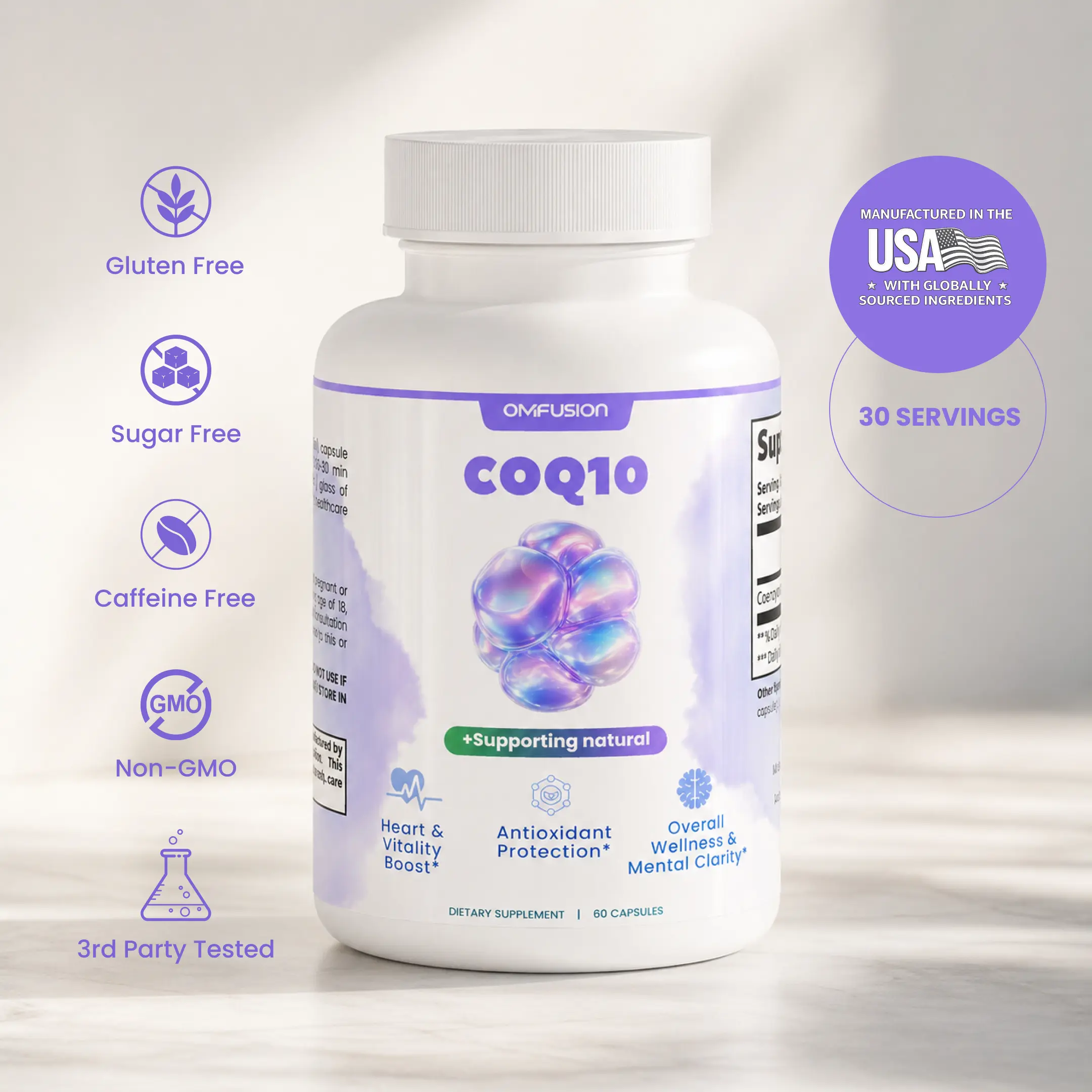 OM FUSION CoQ10 200 mg Ubiquinone Capsules, Coenzyme Q10 Supplement, Caffeine-Free Daily Formula