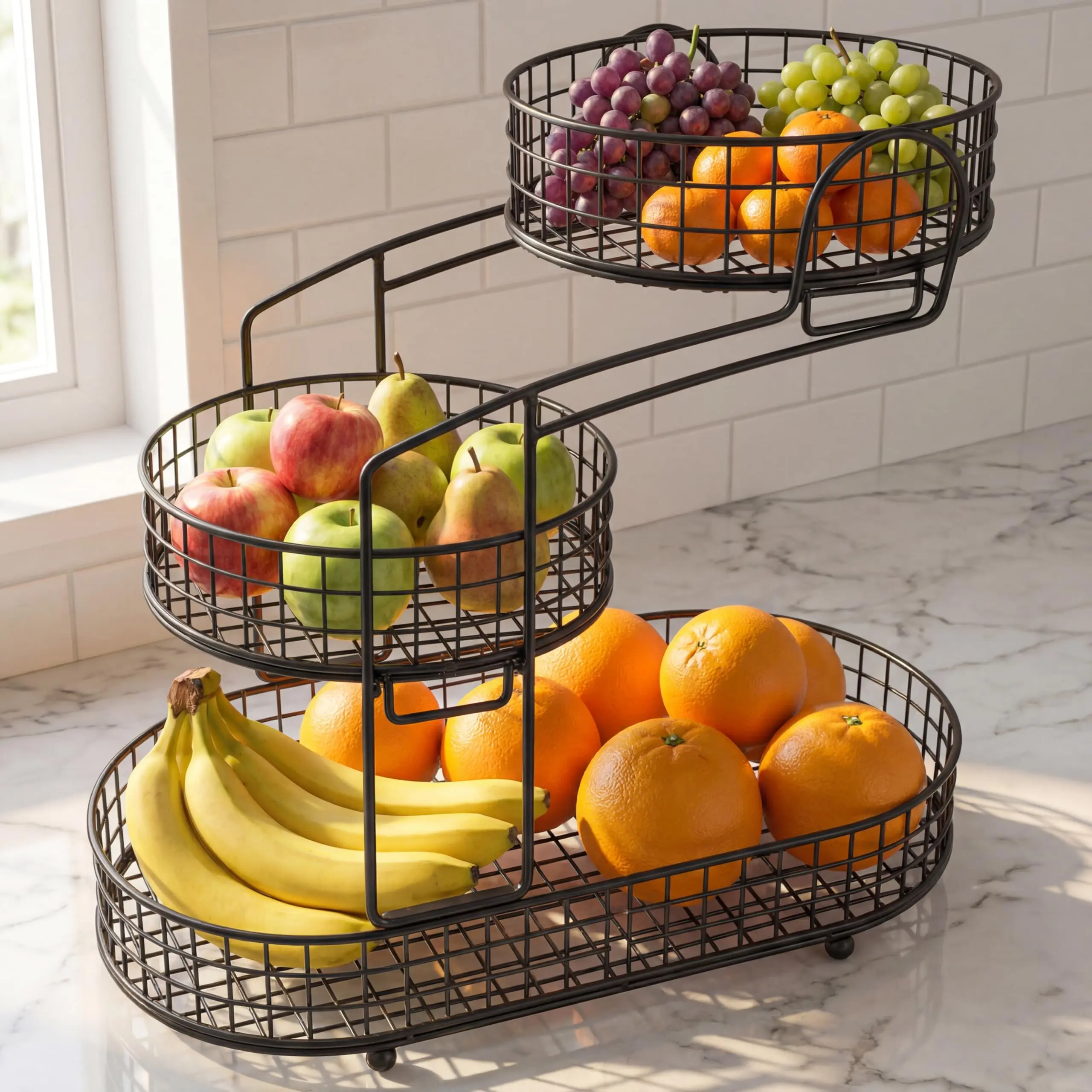 Black 3-Tier Metal Wire Mesh Countertop Fruit Basket - Detachable Removable Home Decor Organiser, Space-Saving Breathable Storage Stand for Kitchen Fruits, Snacks, Bread