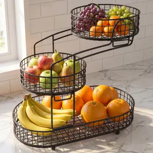 3-Tier Fruit Basket for Kitchen Counter - Metal Wire Vegetable Storage Stand, Space Saving Organizer with Breathable Design for Fruits, Snacks, Bread (Black)