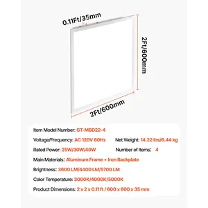 VEVOR 2x2 FT LED Flat Panel Light, 5700 LM, Flush Mount LED Drop Ceiling Lighting Fixture with 3 Color Selectable 3000K/4000K/5000K, 25W/30W/40W, 0-10V Dimmable, Ultra Slim for Home Kitchen, 4 Pack
