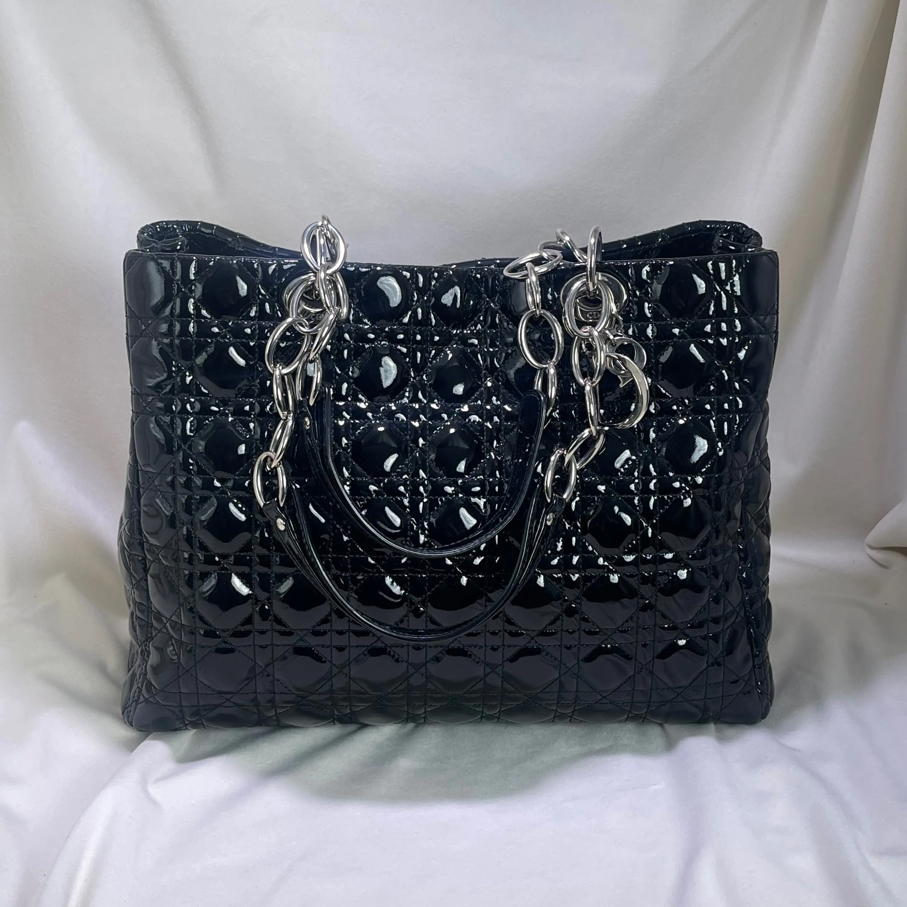 Pre-owned Dior Authentic Black Patent Leather Cannage Quilted Chain Tote Bag, Luxury Luggage Accessory
