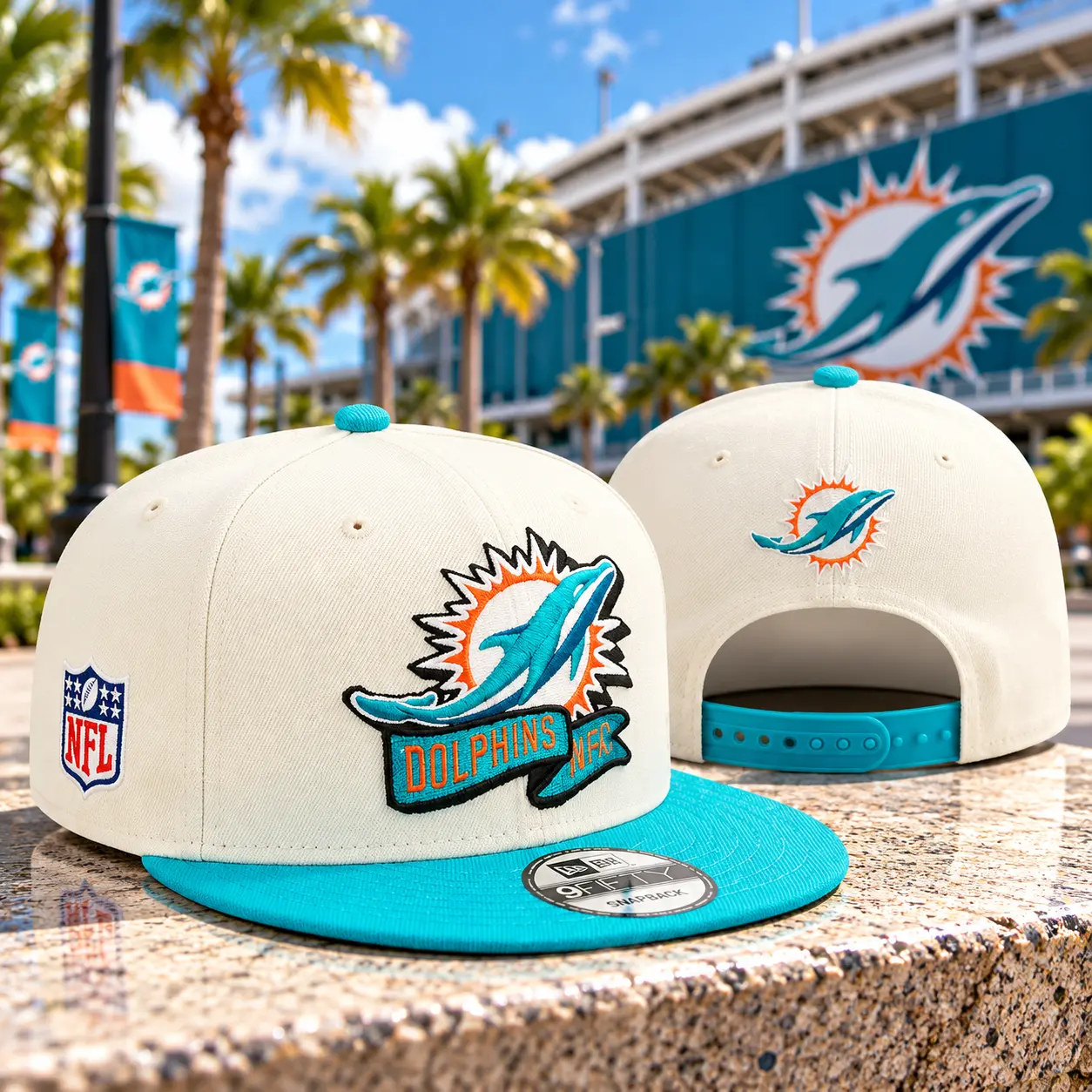 Dolphins White & Aqua Snapback Hat – Embroidered Logo Flat Brim Baseball Cap, Adjustable Sports Fan Streetwear