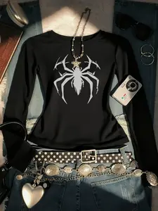 1 Women's Y2K Style Distressed Black Long-Sleeved Top, Spider Print Slim-Fit Crew Neck T-Shirt, Subculture Sexy Style for Everyday Wear and Parties.