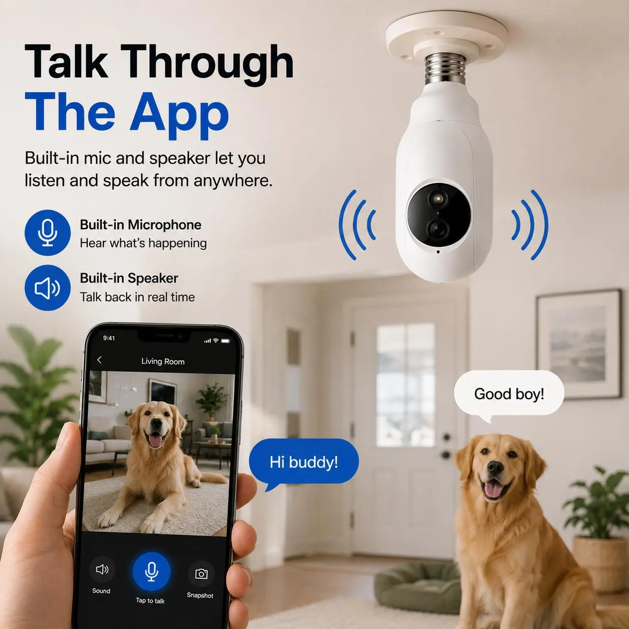 Light Bulb Security Camera WiFi Indoor, Color Night Vision, Motion Alerts, 2-Way Audio, Easy E27 Installation, E27 Light Bulb Security Camera, Cameras For Home