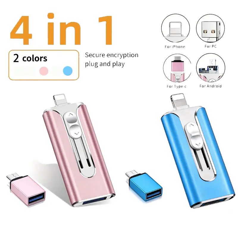1PCS 512GB 4 In 1 Flash Drive, Portable OTG Storage With Free Type-C Adapter, Multi Interface Design, Save Photos Videos Files For iPhone, iPad, Android And PC