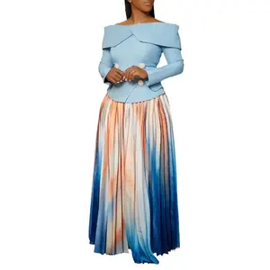 Autumn Winter Clothing Women's Two Piece Set Elegant Off Shoulder Suit Tops Printed Loose Long Pleated Skirt Commuting Office Ladies African Ladies Set Womenswear Check