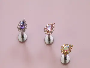 Iridescent Teardrop Cartilage Earring • Holographic Conch Threadless Piercing • Tiny Tragus Stud • Teardrop Helix Labret • Medusa Lip Ring