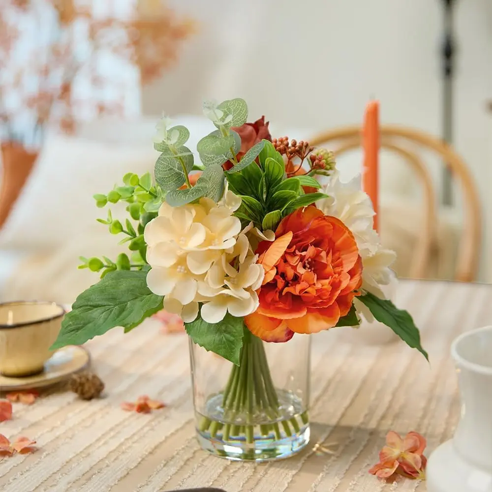 Decorative Artificial Flower Bouquet with Fake Water in Glass Vase - Burnt Orange Silk Rose, Dahlia, Pine Berry Floral Decor for Winter Home Table, Desk Flower Centerpiece, Sturdy Plastic Wedding Gift in Cardboard Box