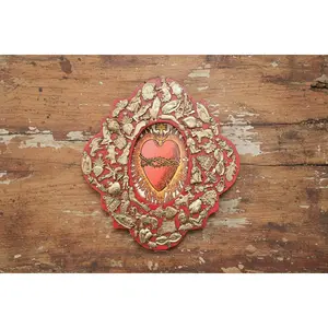Wooden Medallion with Milagros featuring the Sacred Heart