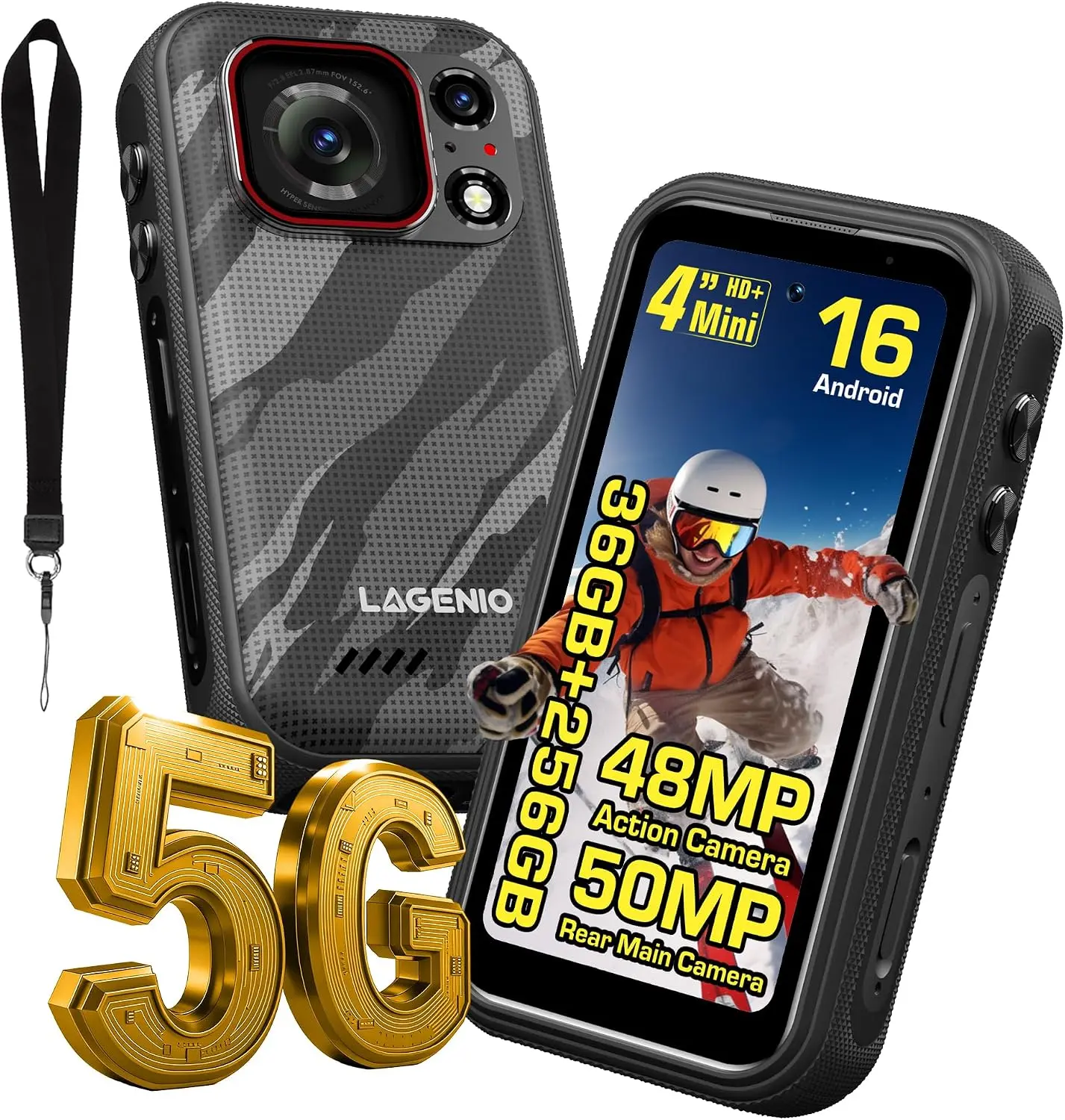 Eagle Pro 5G Mini Rugged Phone Unlocked with 4K Action Camera, Android 16, 36GB+256GB/1TB, 152.6° Wide FOV, Stabilization, 3700mAh/33W, 4.0" Display, Dual SIM 5G, NFC, IP69K Waterproof, Black