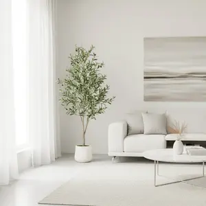 Artificial Olive Tree Tall Faux Silk Tree with White Tall Planter, with Natural Wood Trunk and Lifelike Fruits
