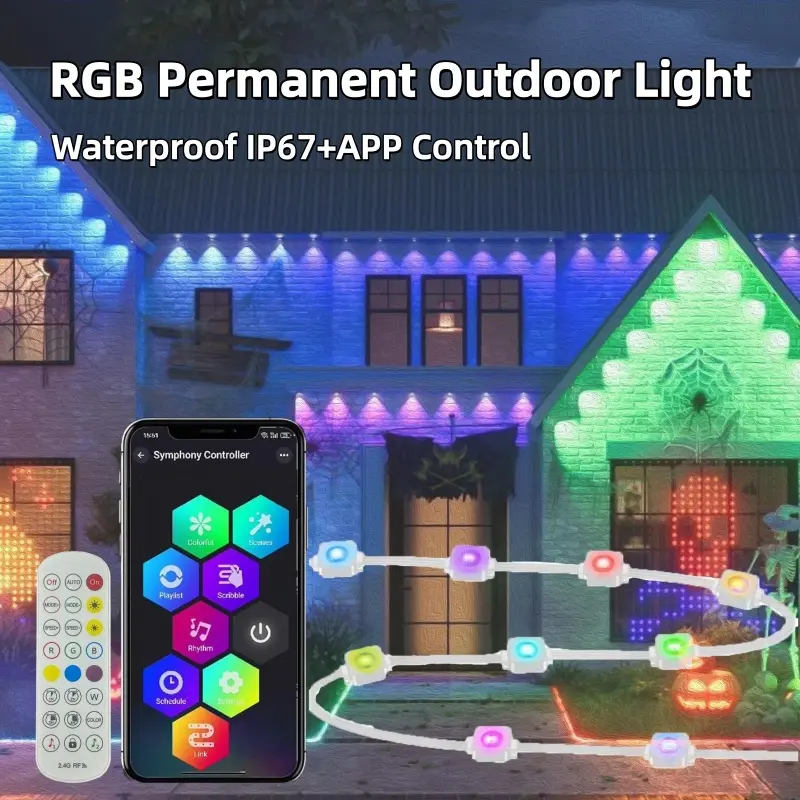 Halloween-themed decorative lights, 100 feet tall, smart eaves light controlled by app/remote control, IP67 waterproof, RGB color changing, suitable for festive lighting, garden decoration, LED strip lights.