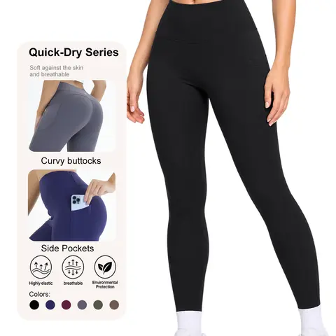 POBODO Women's Elastic High-Waist Tummy Control Leggings, High-Waisted Butt Scrunch Slim Compression, Lightweight 4-Way Stretch Polyester-Blend, Hidden Side Pockets, Above-Ankle Gym Style Leggings for Yoga, Gym, All-Season Womenswear Bottoms, Leggings Wom