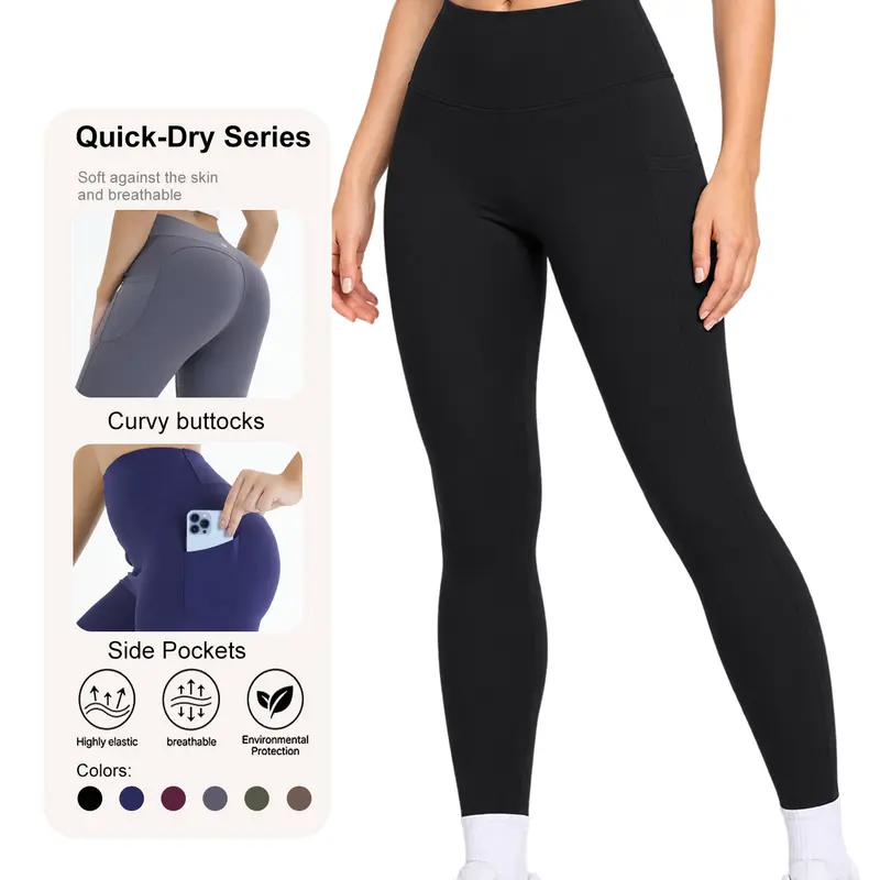POBODO Women's Elastic High-Waist Tummy Control Leggings, High-Waisted Butt Scrunch Slim Compression, Lightweight 4-Way Stretch Polyester-Blend, Hidden Side Pockets, Above-Ankle Gym Style Leggings for Yoga, Gym, All-Season Womenswear Bottoms, Leggings Wom