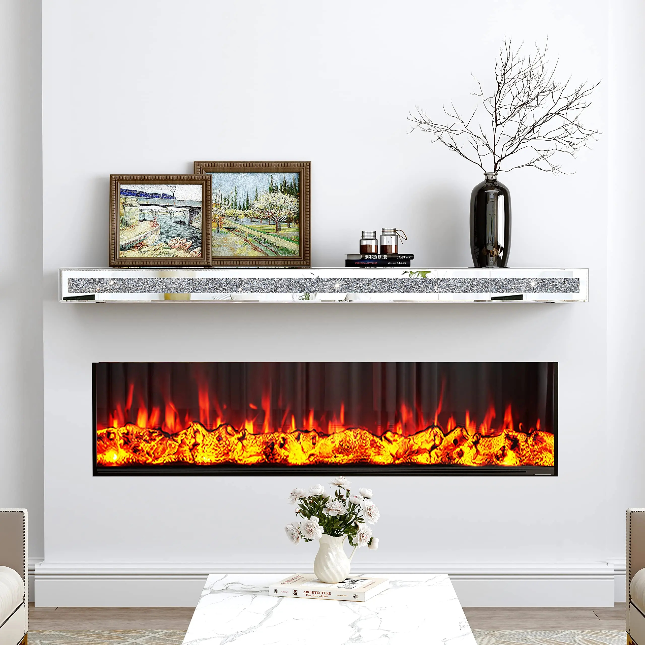 BLINGWORLD 48" Luxury Heavy-Duty Mirrored Floating Fireplace Mantel Shelf - Wall-Mounted Mirror Glass Shelf for Room Decor, Living Room Decoration
