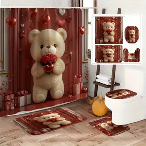 1/4pcs Valentine's Day Shower Curtain Set, New Cartoon Heart Rose Plush Bear Bathroom Decor, Includes Bath Mat, U-Shaped Mat, Toilet Lid Cover, High Quality 70.87x70.87inch Shower Curtain with 12 Hooks, Valentine's Day Decor