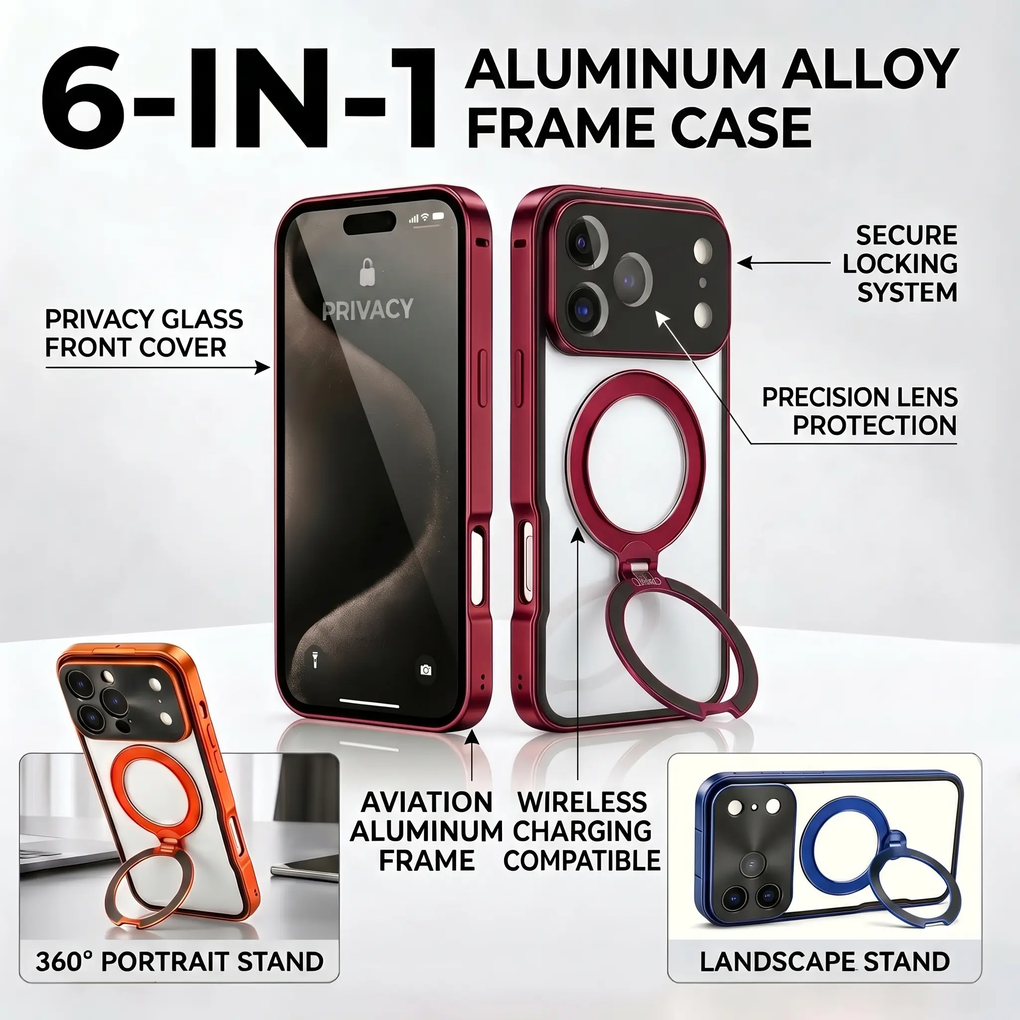 6-in-1 Phone Case,Aluminum Frame,Built-in Privacy Screen Protector,for iPhone 16,17,18Pro Max,Full Body Shockproof,Scratch Resistant,360° Rotatable Kickstand,MagSafe Compatible,Wireless Charging,Ideal for Office,Travel,Gaming,Movie Watching,Sports Events