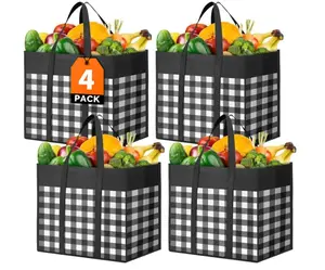 Reusable Grocery Bags,4-Pack, Foldable Reusable Shopping Tote Bags bulk with Reinforced Handles,Large Storage Bags with Water Resistant Coating for Groceries,Multipurpose,Black-White