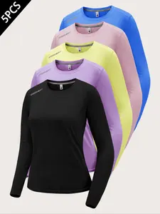 Women's Casual Breathable Quick-Dry Long Sleeve Tops, Fitness Running Tops, 5 Pack Yoga Running Activewear, Spring & Fall Fitted Sportswear, Athletic Sports Clothing