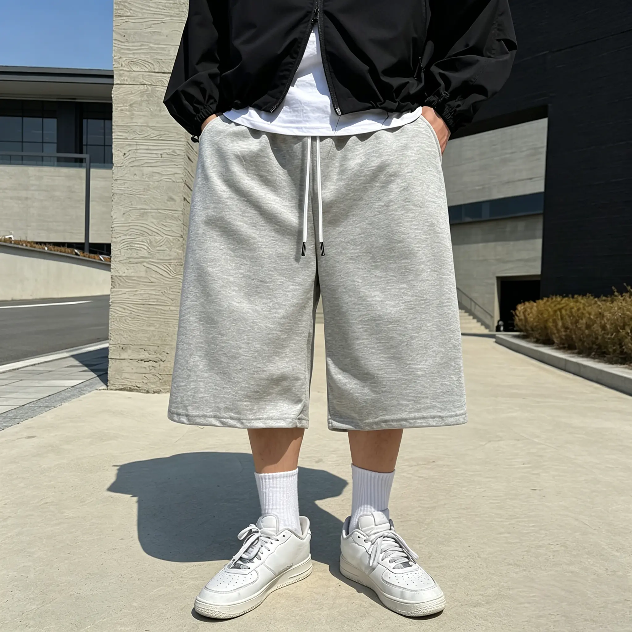 Heather gray/black cropped sweat shorts, oversized wide leg, 7 inches below knee, elastic waistband, white drawstring waist, side pockets, loose draped fit, soft terry knit, Y2K street summer athleisure, unisex casual bottoms