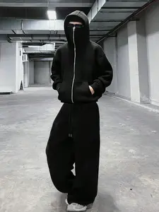 Unisex style, street fashion, simple and plain color with zipper-covered mask, Balaclava hat, hoodie, and wide-leg pants set, dark-themed street fashion trend outfit, suitable for motorcycle trips, outdoor activities, couple's wear
