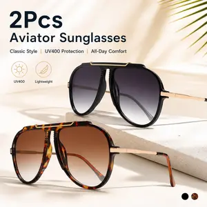2PCS Oversized Aviator Sunglasses for Women Men – 2026 Retro 70s Gold Metal Frame, Square Aviator Shades, Tangle Free Design – Perfect for Driving, Beach, Daily Wear