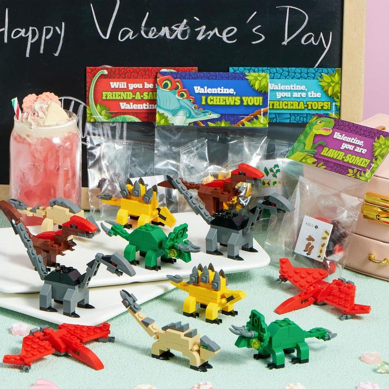 24 Packs Valentines Day Cards with Dinosaur Building Blocks for Valentine Party Favor, Classroom Exchange Prize, Valentine’s Greeting Cards Valentine's Day Gifts for Kids
