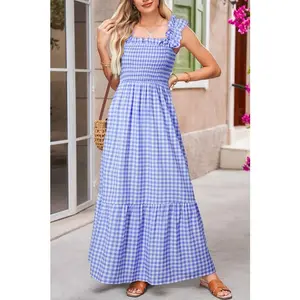 Blue Gingham Plaid Check Tiered Maxi Dress