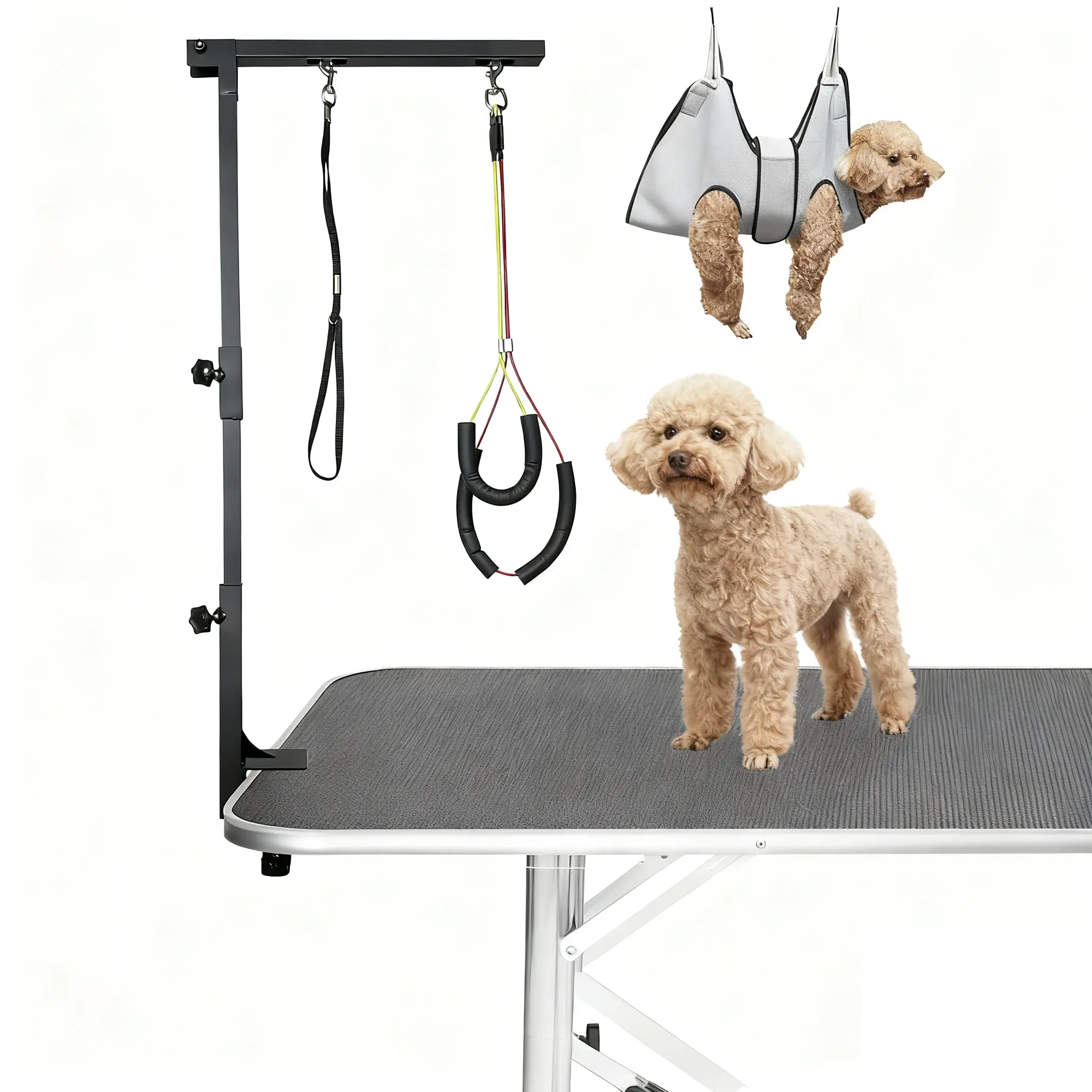 Metal Dog Grooming Arm with Clamp & Foldable Polyester Pet Hammock - 22"-36" Height Adjustable, 3-Section Foldable Design, 2 No-Sit Haunch Holders, Beauty/Hair Care Tool for Small-Medium Pets, Prevents Excessive Movement (Table Not Included)