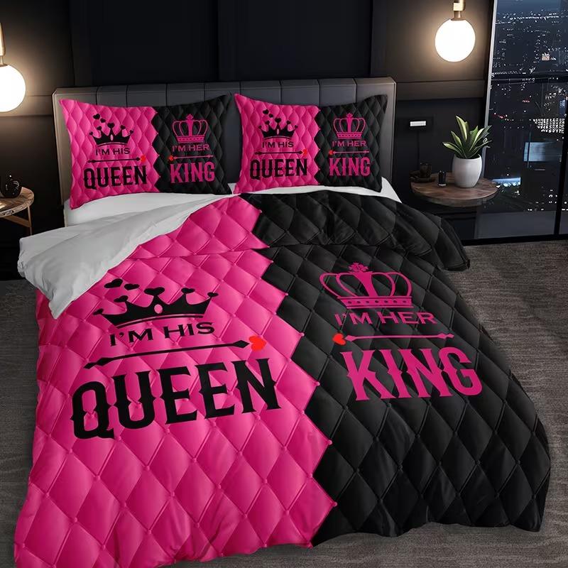 3-piece couple style king and queen printed duvet cover set, Bedroom Bedding Set, Valentine's Day elements, including 1 duvet cover and 2 pillowcases (excluding the core), suitable for all seasons, creating romantic bedroom couple bedding