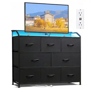 Fabric Drawer Dressing Table with Power Outlets and LED Lights, Multi-Functional TV Cabinet & Storage Cabinet with Built-in Electrical Sockets, Black Fabric Drawers with Metal Frame, Perfect for Bedroom, Living Room & Media Storage