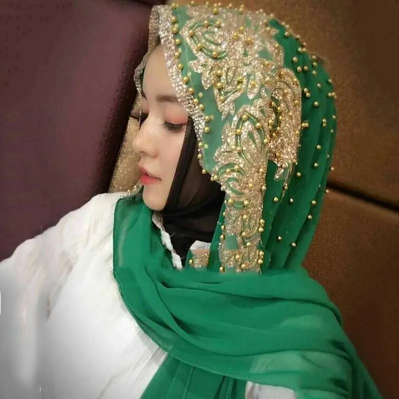 Women's Muslim Bead-Accented Chiffon Hijab - Long Underscarf, All-Season Machine-Washable Islamic Prayer Headwear for Moslimas