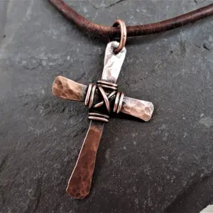 Hammered Copper Alloy Cross Pendant Necklace, Wire-Wrapped Chain & Link, Unisex Christian Fashion Accessory