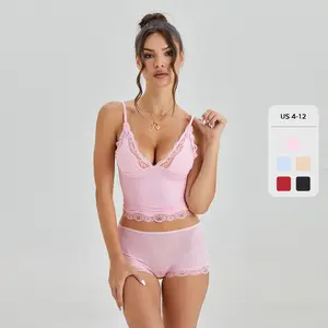 Women's Soft Lace Series Spaghetti Strap Lace Trim Wirefree Breathable Bralette & Panties Set, Lightweight Underwear Set, Basic Daily Wear (US/CN)