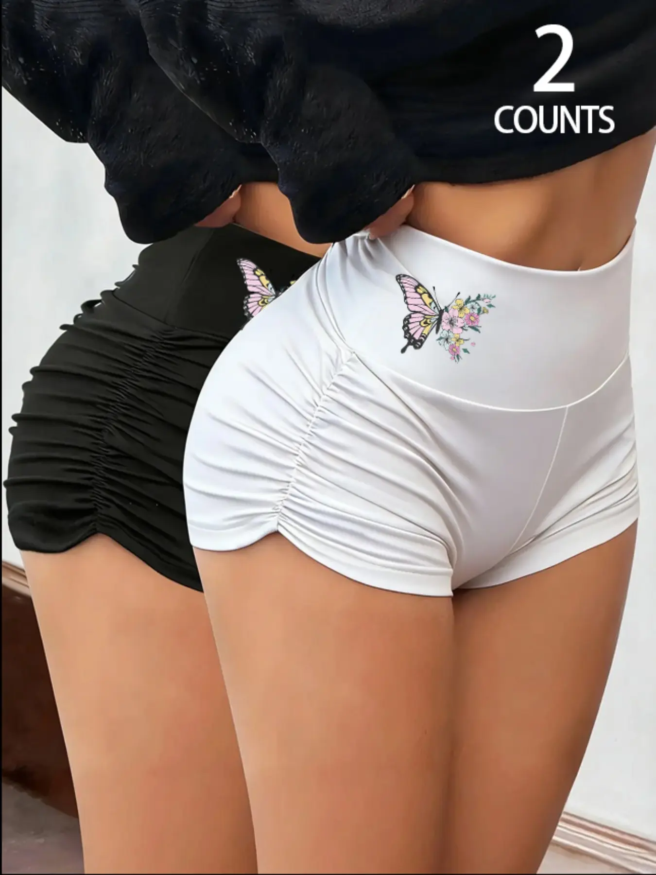Butterfly Print High-Waisted Workout Shorts 2-Pack, Fitness Shorts, Athleisure Gym Shorts, Sexy Sporty Hot Pants, Y2K Style, &, Waist Cinch, Visual Butt Lift, Athletic Wear, High Waists Shorts, Activewear Shorts