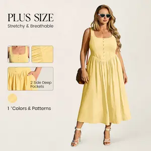 RITERA Plus Size Summer Dresses for Curvy Women Maxi Square Neck Sleeveless Casual Beach Sundress with Pockets, Flowy Dress