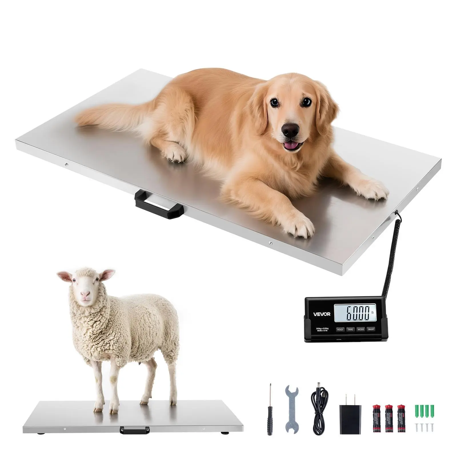 VEVOR Digital Weighing Scale, 0.1 lbs Accuracy Stainless Steel Postal Scale, 660 lbs Capacity with LCD Display, Hold/Tare Functions, AC/DC Power, Stable Balanced Feet, Batteries & Adapter Included for Packages Luggage#BackToSchool