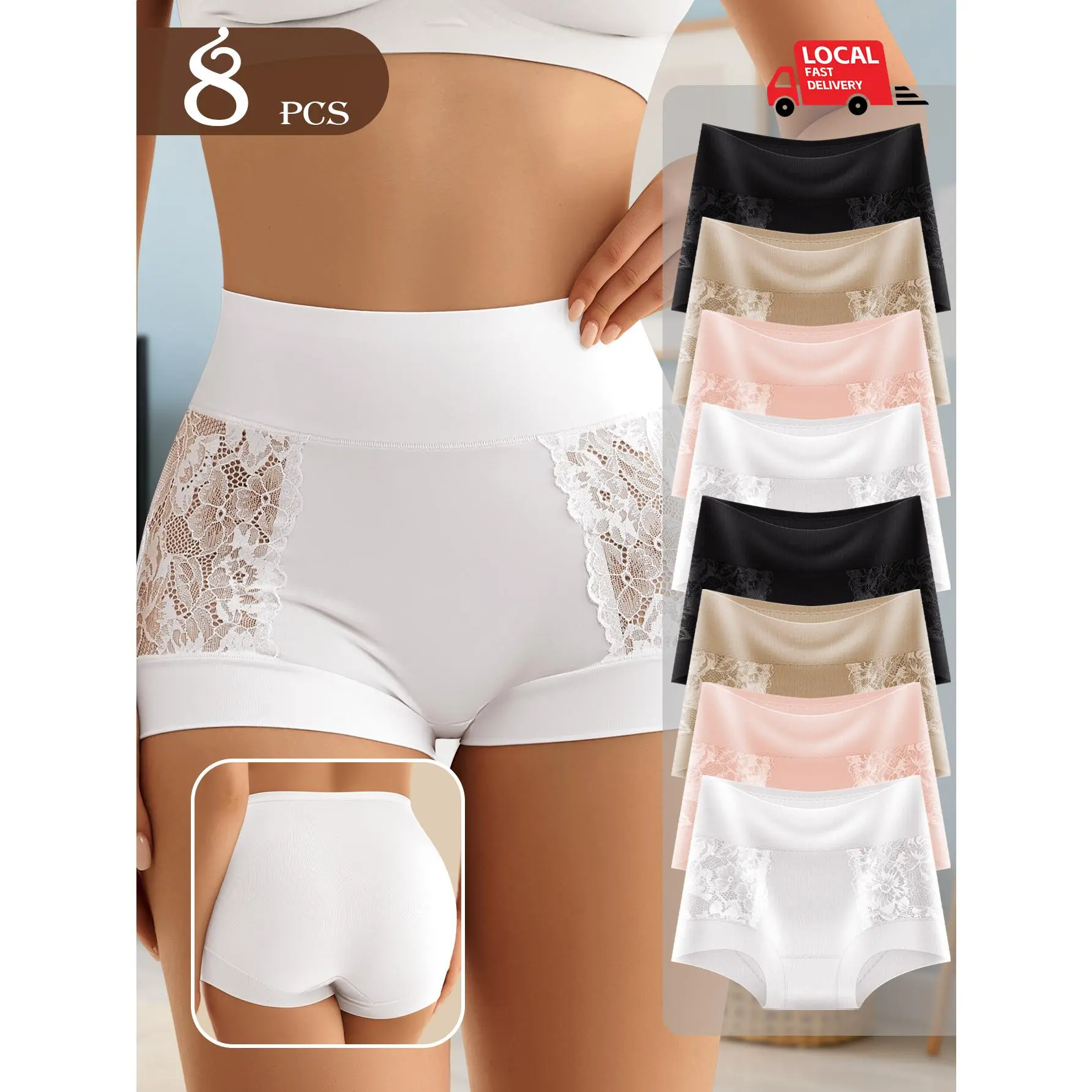 Women's High-Waisted Lace Boyshorts with Tummy Control & Hip Lifting, Silky Soft Perfect Fit for Casual & Office Wear, 4/8-Pack, Fantasy, Chinese New Year, Easter, Basics, Childrens Day, Elegant, Polyester, Breathable, Sexy, Panties, Fashion, Fabric, Boy,